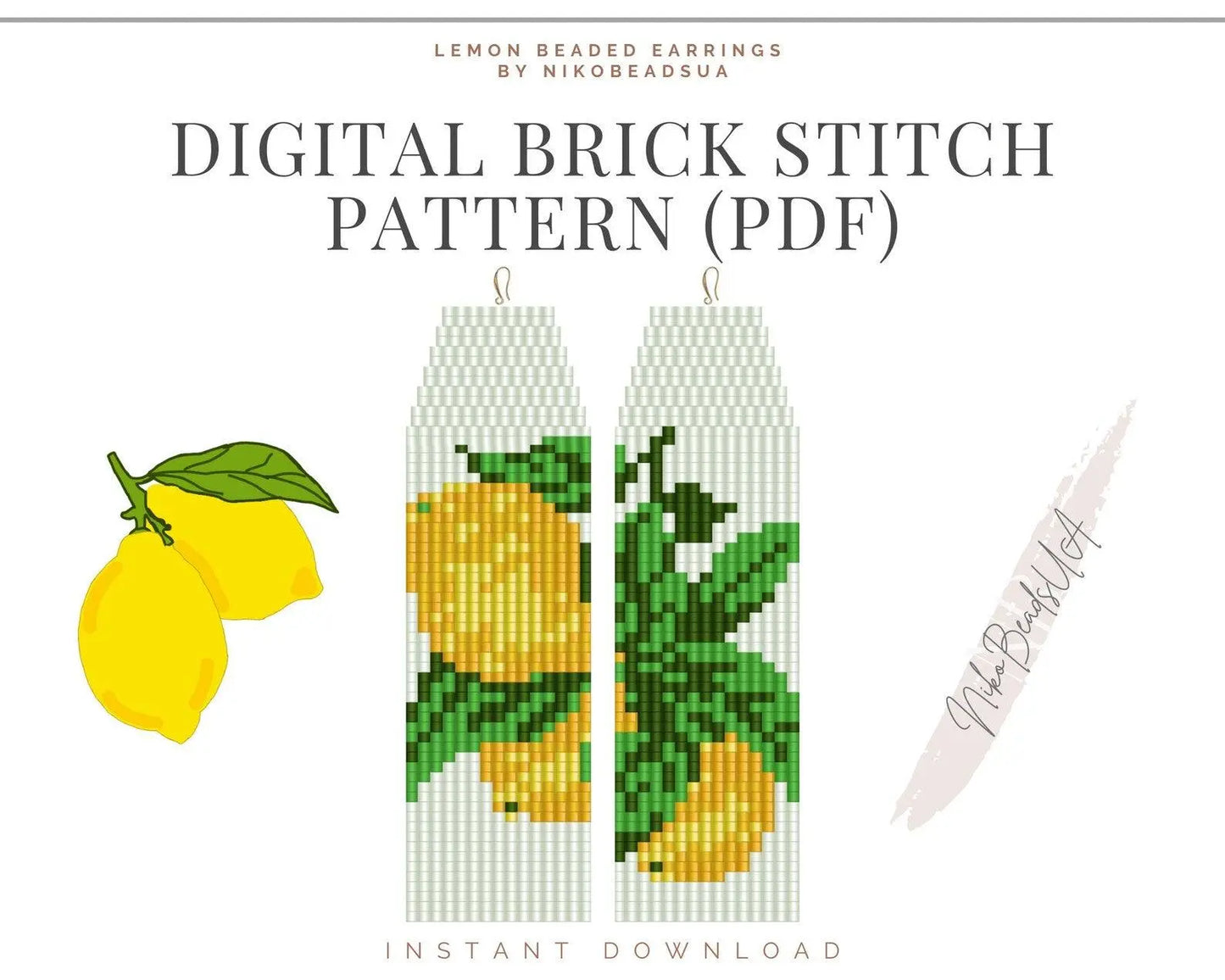 Lemon Asymmetrical Brick Stitch pattern for fringe beaded earrings - NikoBeadsUA