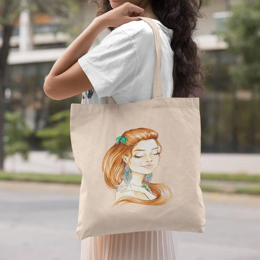 "Boho Girl with Beaded Earrings" Eco Tote Bag - NikoBeadsUA