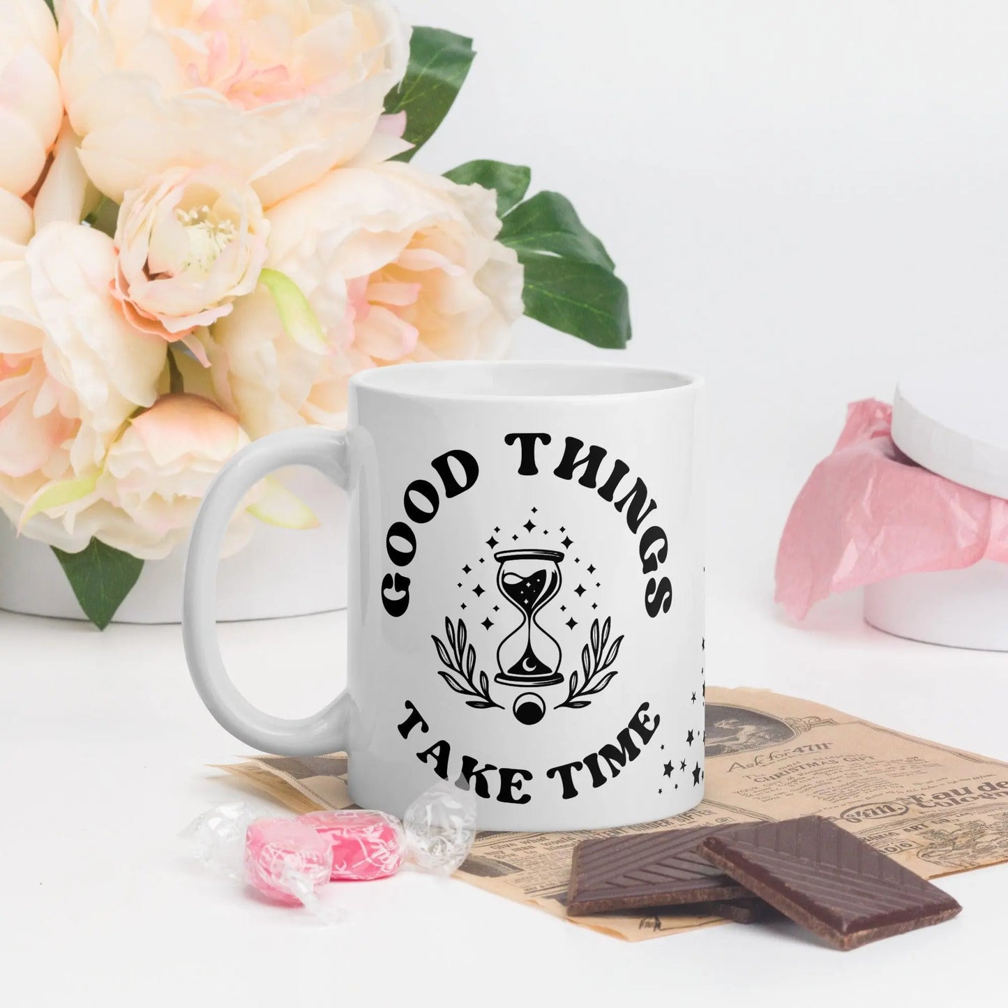 "Good Things Take Time" White Glossy Mug | Inspirational Gift - NikoBeadsUA