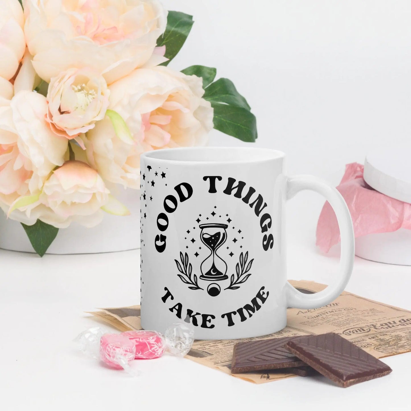"Good Things Take Time" White Glossy Mug | Inspirational Gift - NikoBeadsUA