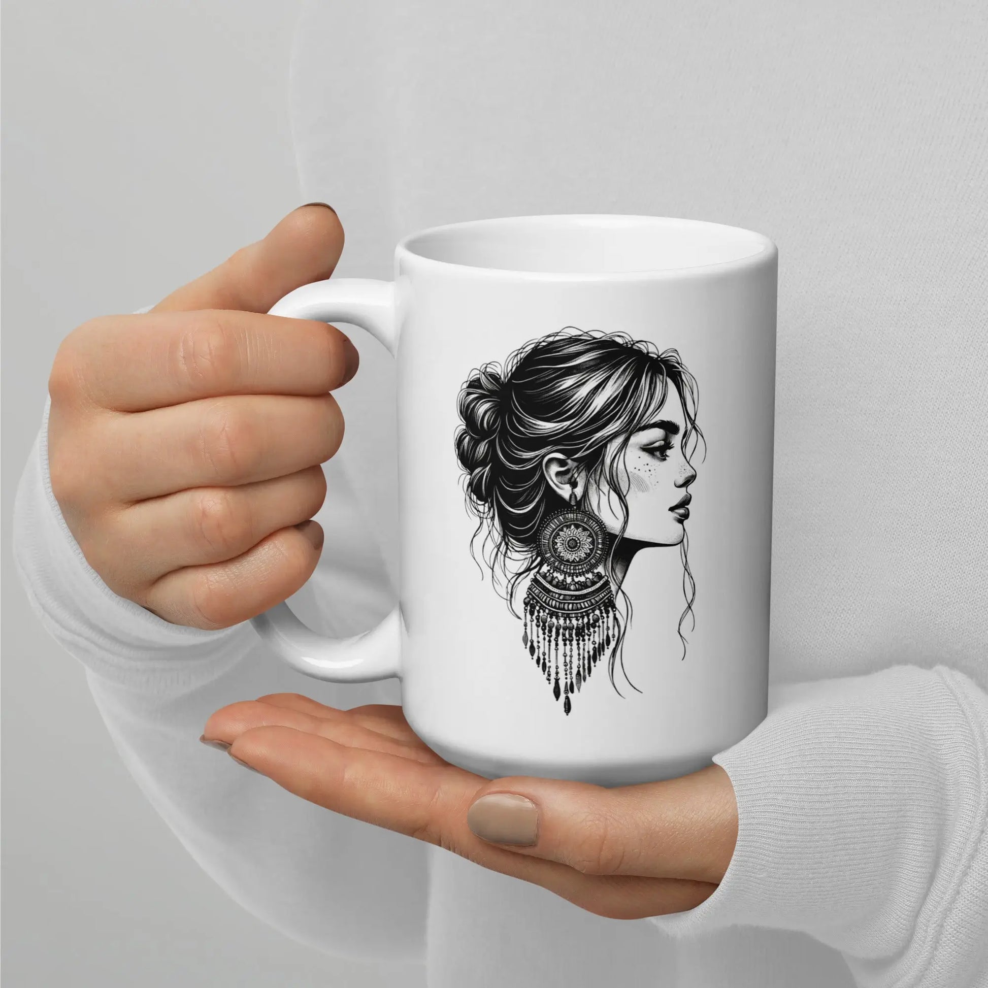 Boho Girl with Beaded Earrings - White glossy mug NikoBeadsUA