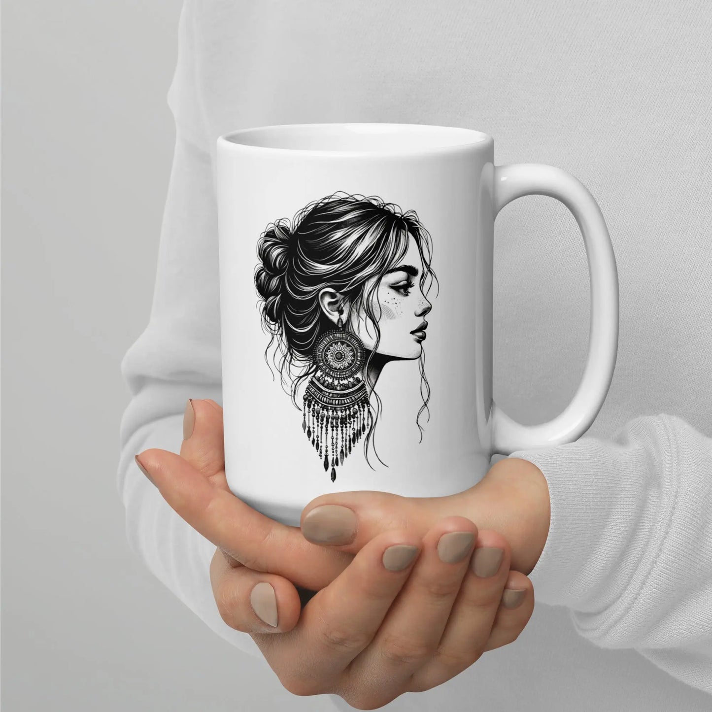 Boho Girl with Beaded Earrings - White glossy mug NikoBeadsUA