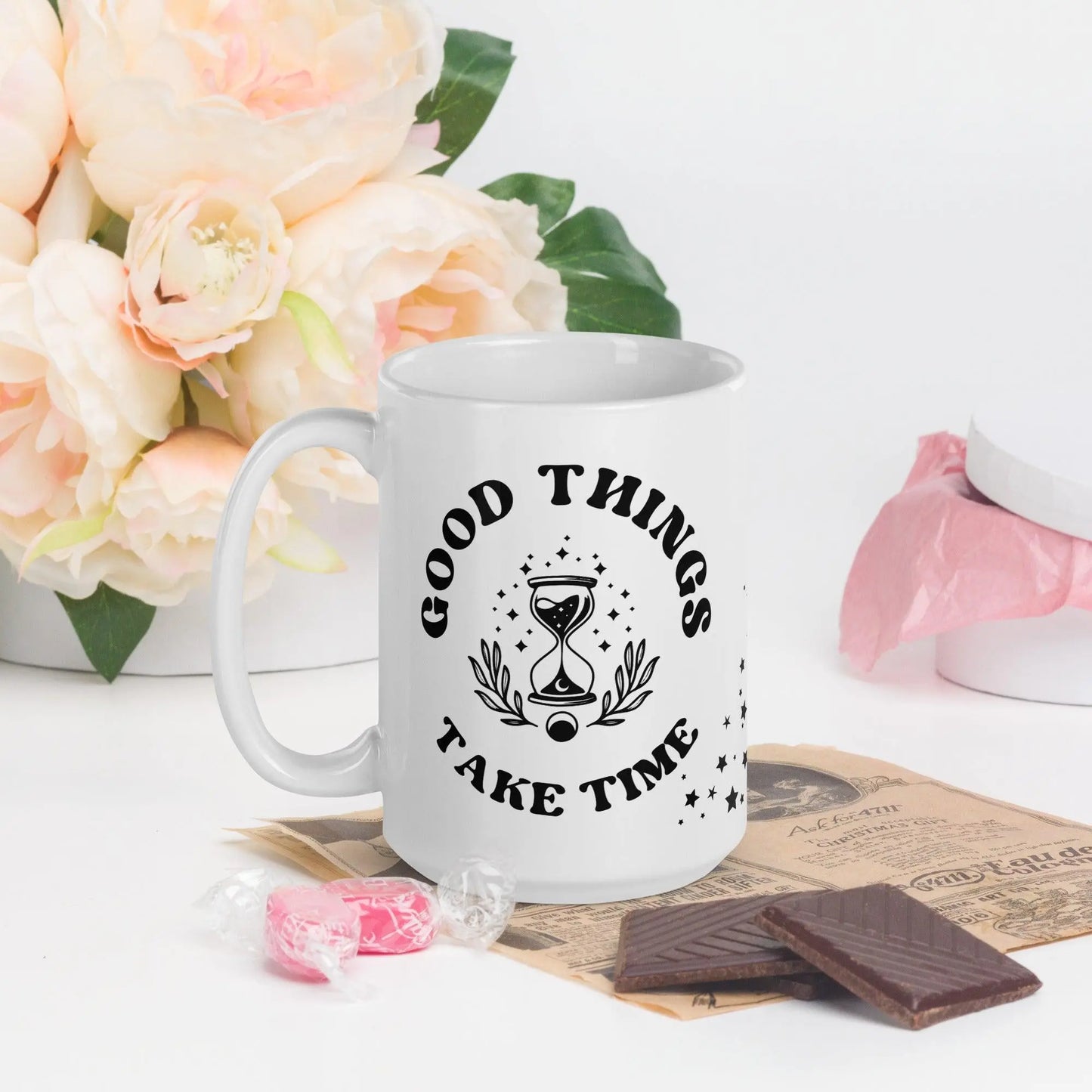 "Good Things Take Time" White Glossy Mug | Inspirational Gift - NikoBeadsUA