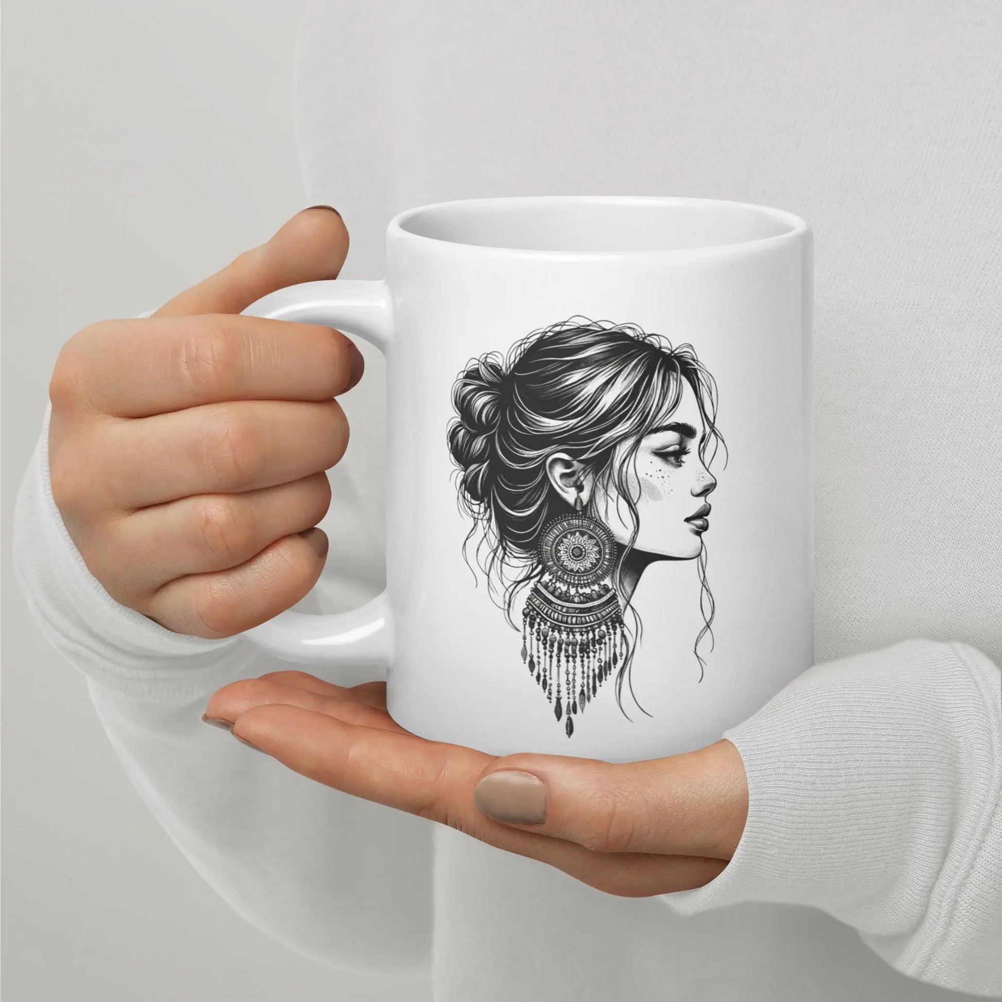 Boho Girl with Beaded Earrings - White glossy mug NikoBeadsUA