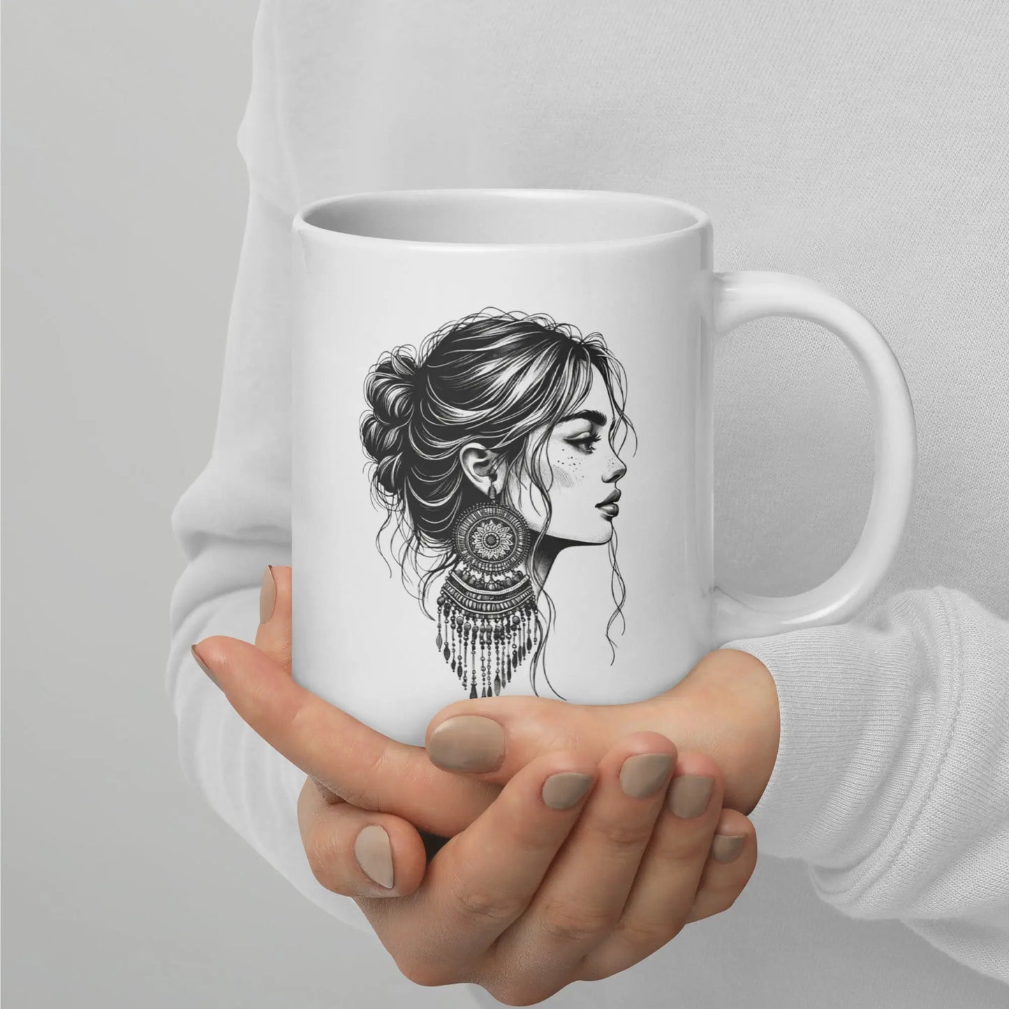 Boho Girl with Beaded Earrings - White glossy mug NikoBeadsUA