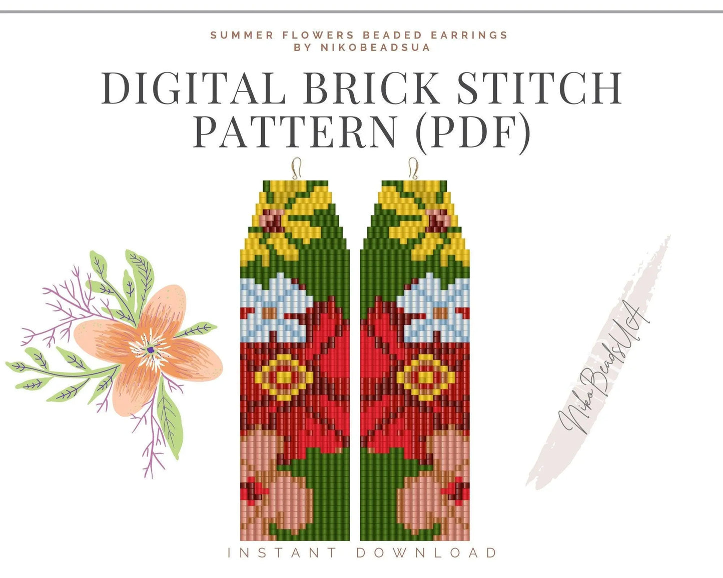 Summer Flowers Brick Stitch pattern for fringe beaded earrings - NikoBeadsUA