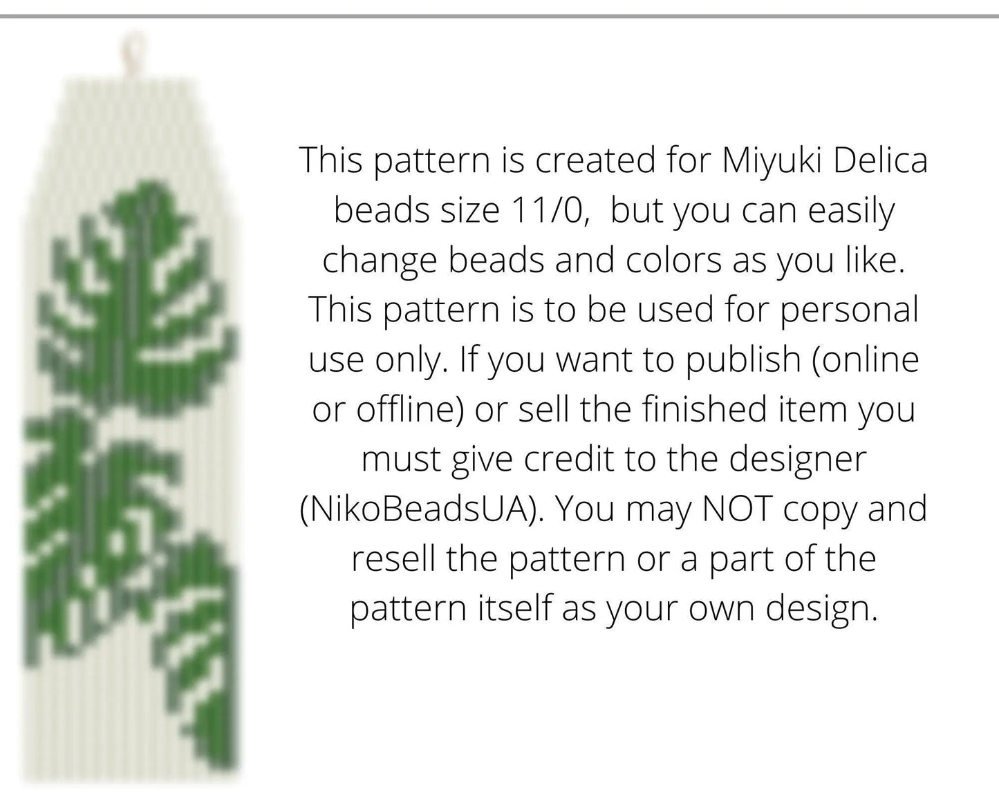 Monstera Leaf Brick Stitch pattern for fringe beaded earrings - NikoBeadsUA