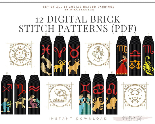 Set of 12 Zodiac Brick Stitch patterns for fringe beaded earrings - NikoBeadsUA