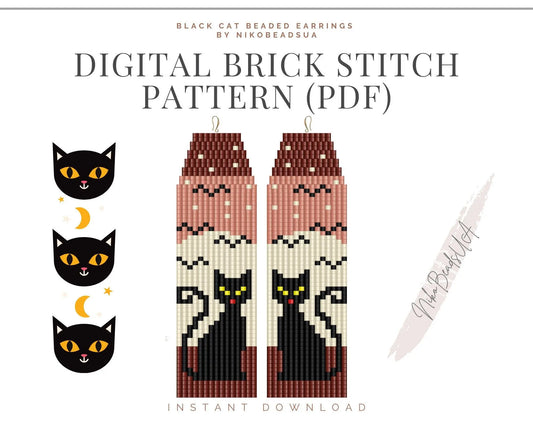 Black Cat Brick Stitch pattern for fringe beaded earrings - NikoBeadsUA