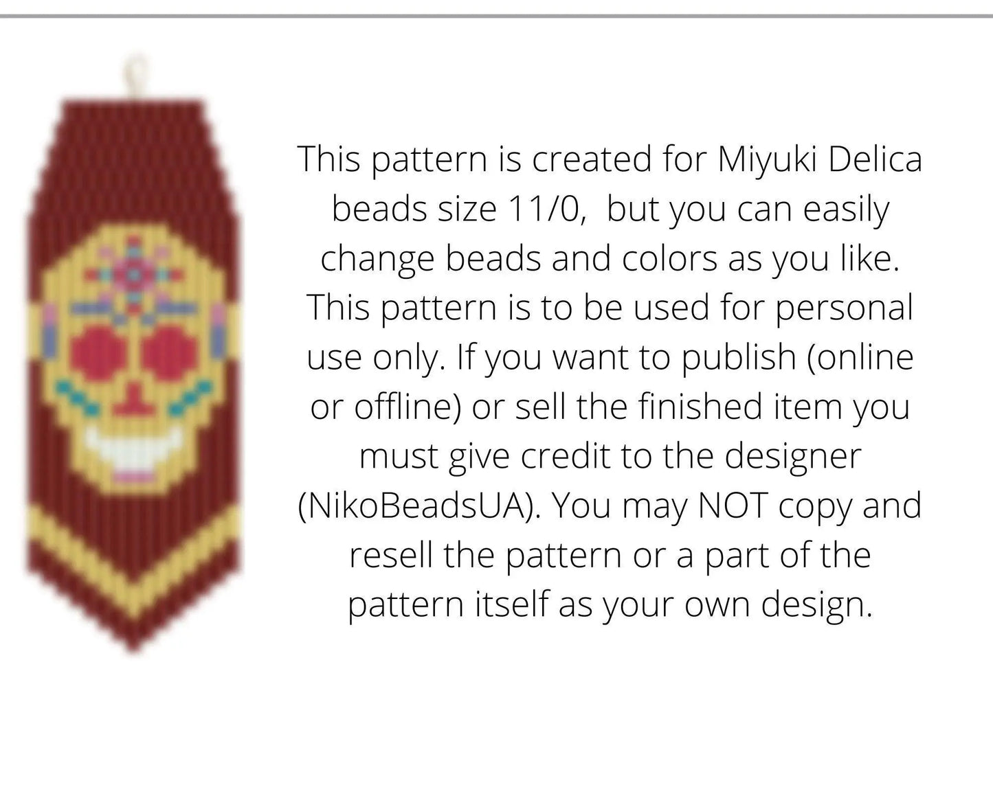 Yellow Sugar Skull Brick Stitch pattern for fringe beaded earrings - NikoBeadsUA