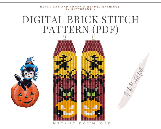 Black Cat and Pumpkin Brick Stitch pattern for fringe beaded earrings - NikoBeadsUA