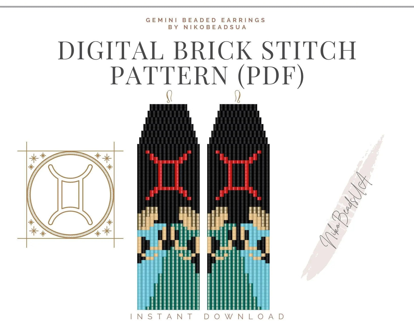 Gemini Brick Stitch pattern for fringe beaded earrings - NikoBeadsUA