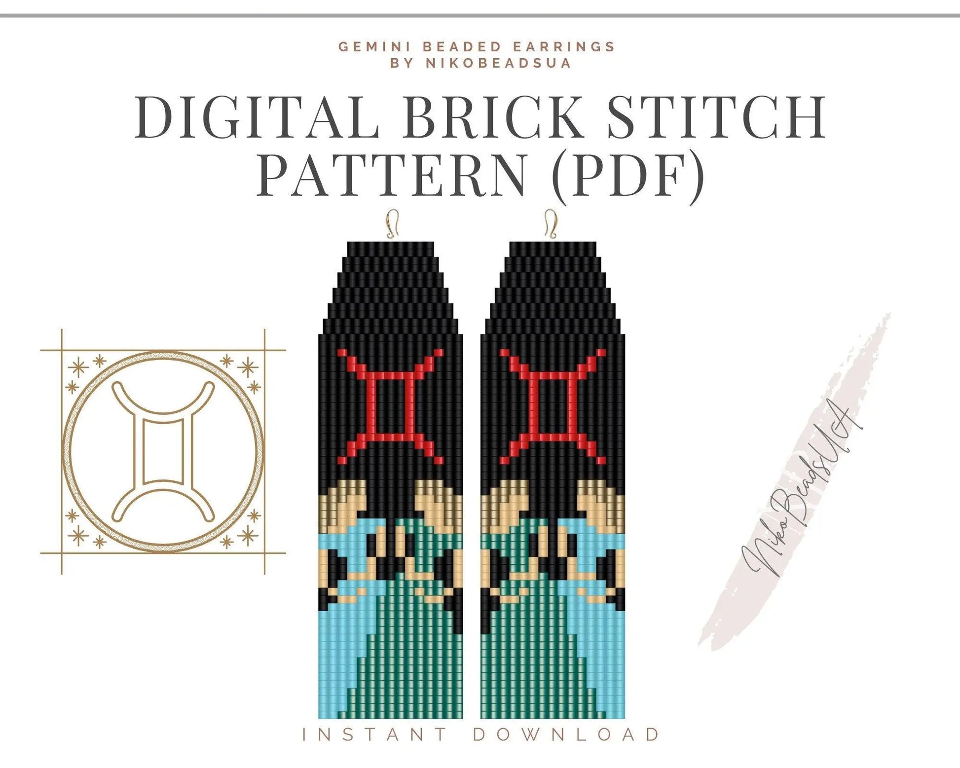 Gemini Brick Stitch pattern for fringe beaded earrings - NikoBeadsUA