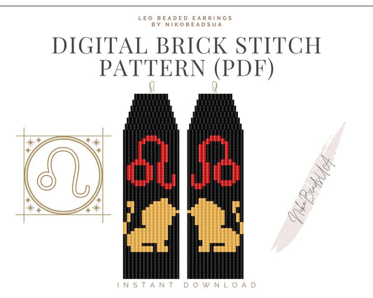 Leo Brick Stitch pattern for fringe beaded earrings - NikoBeadsUA