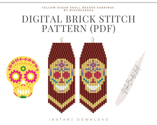 Yellow Sugar Skull Brick Stitch pattern for fringe beaded earrings - NikoBeadsUA