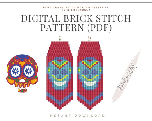 Blue Sugar Skull Brick Stitch pattern for fringe beaded earrings - NikoBeadsUA