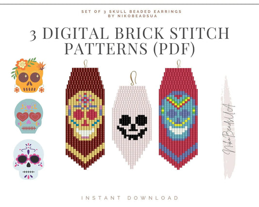 Set of 3 Sugar Skull Brick Stitch patterns for fringe beaded earrings - NikoBeadsUA