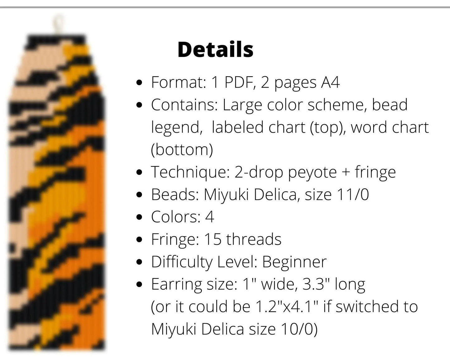 Tiger Print Brick Stitch pattern for fringe beaded earrings - NikoBeadsUA