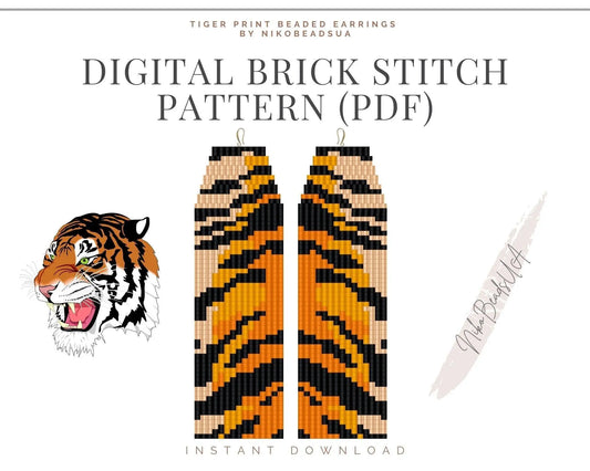 Tiger Print Brick Stitch pattern for fringe beaded earrings - NikoBeadsUA