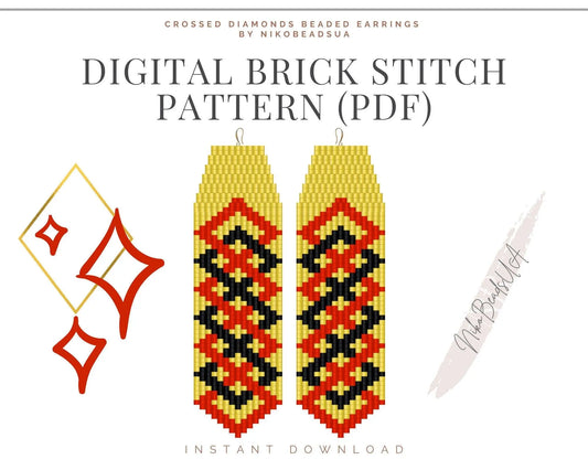 Crossed Diamonds Brick Stitch pattern for fringe beaded earrings - NikoBeadsUA