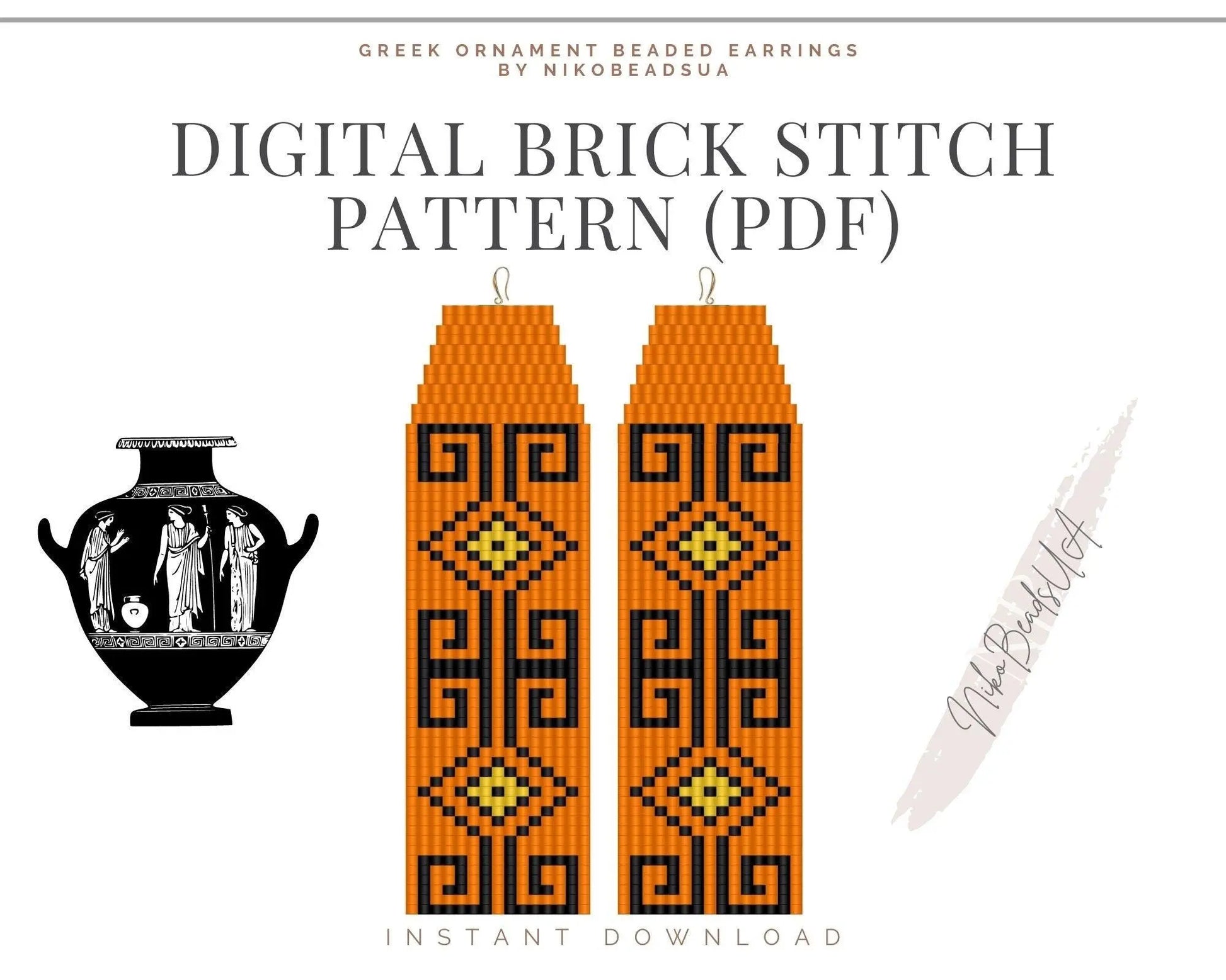 Greek Ethno Brick Stitch pattern for fringe beaded earrings - NikoBeadsUA