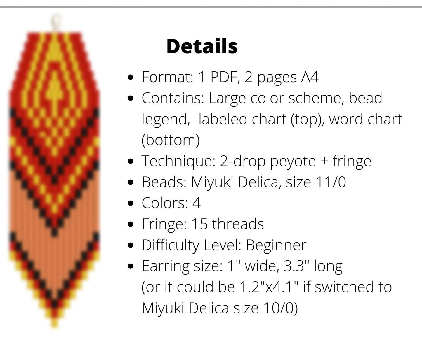 Red Ethnic Brick Stitch pattern for fringe beaded earrings - NikoBeadsUA