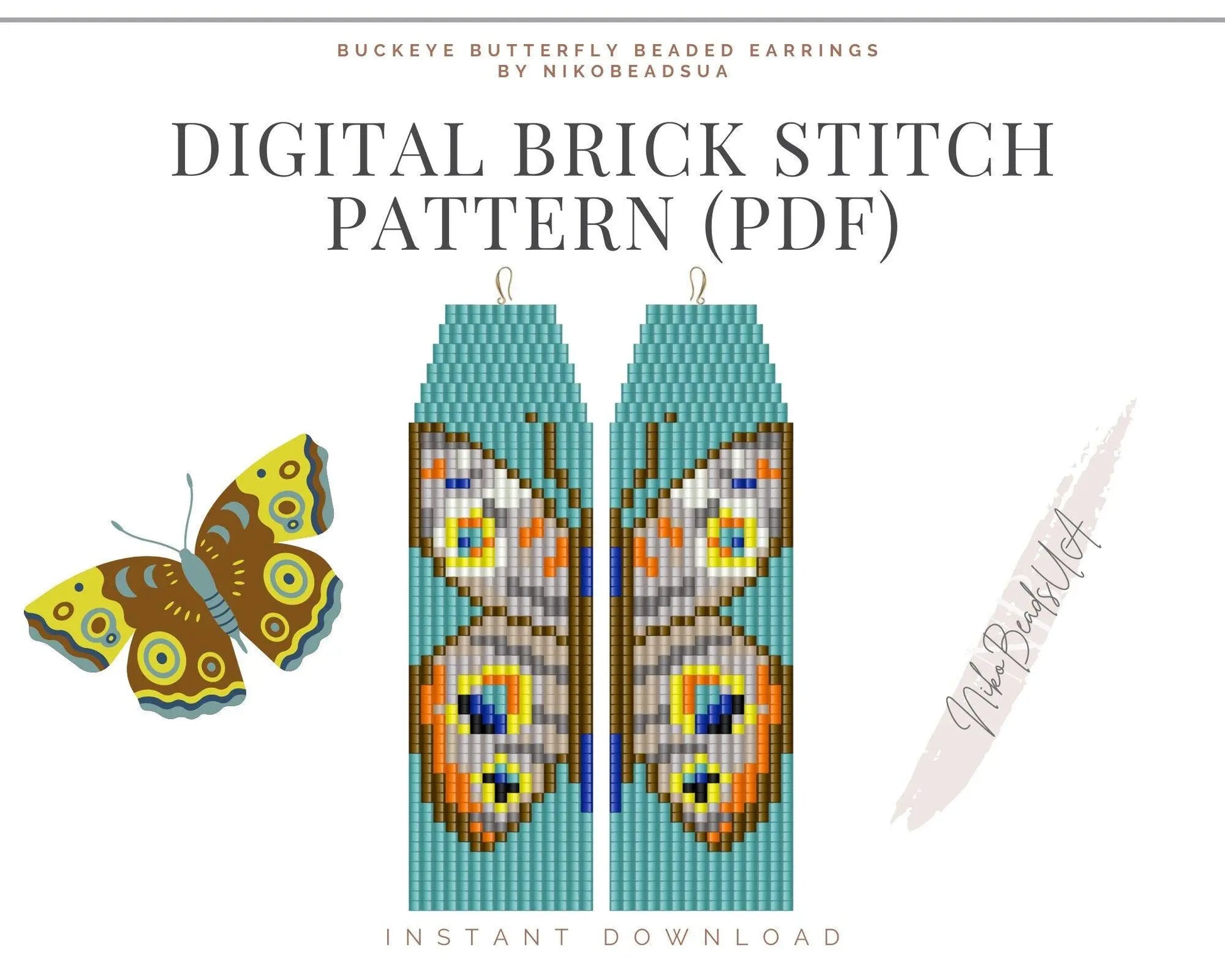 Junonia Brick Stitch pattern for fringe beaded earrings, buckeye butterfly pattern - NikoBeadsUA