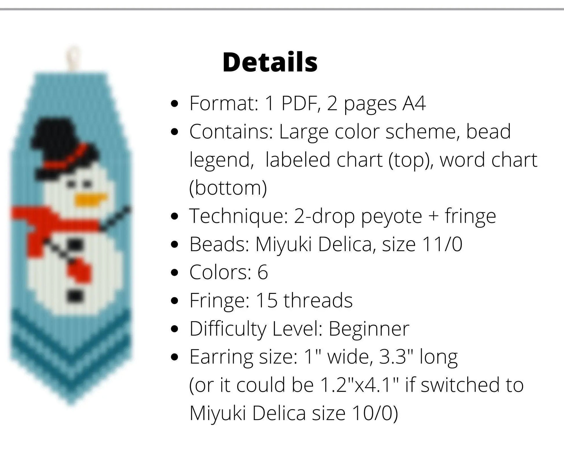 Snowman Brick Stitch pattern for fringe beaded earrings - NikoBeadsUA