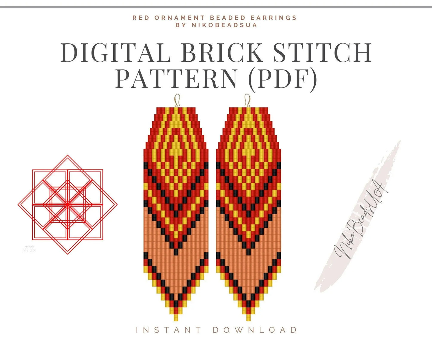 Red Ethnic Brick Stitch pattern for fringe beaded earrings - NikoBeadsUA