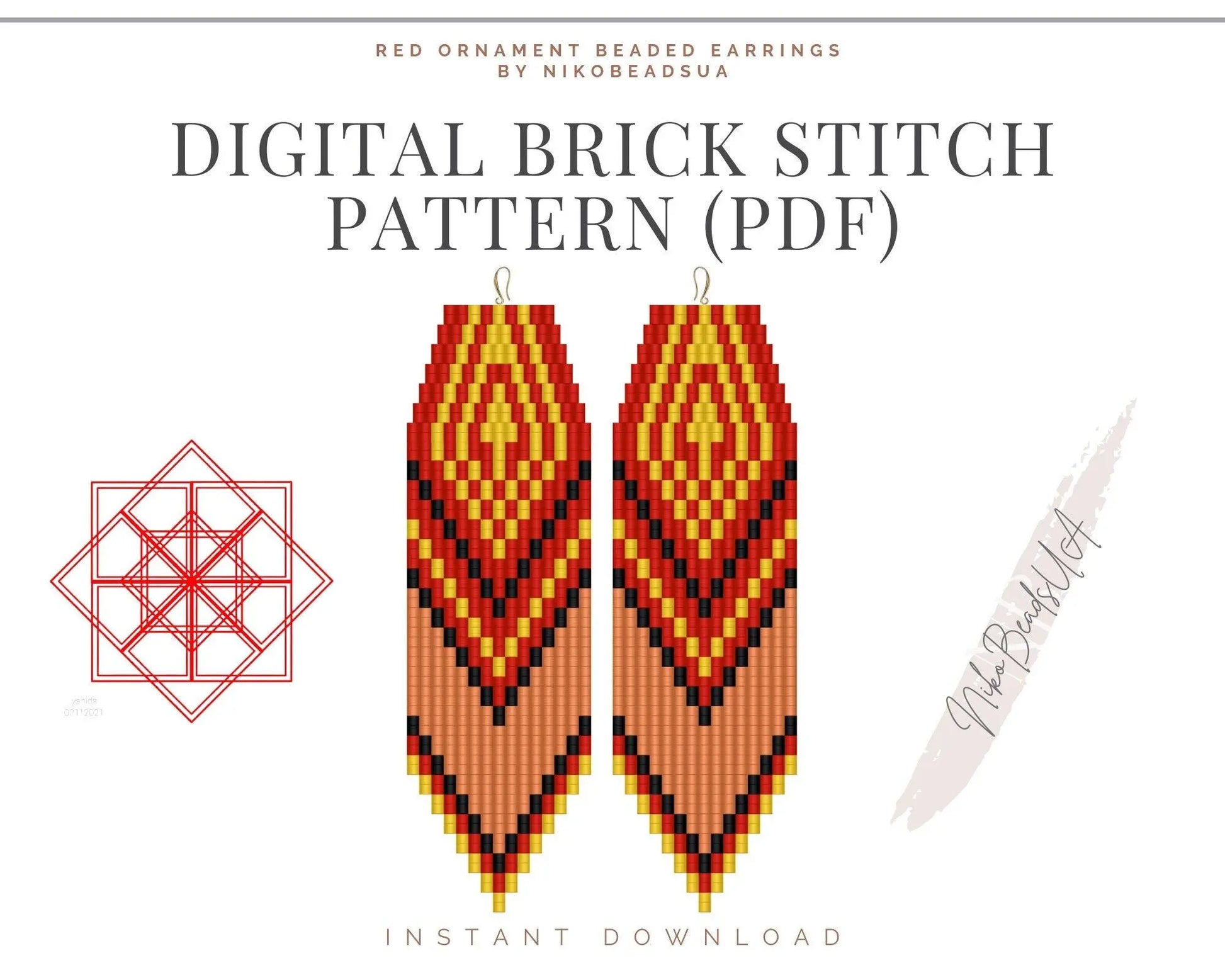 Red Ethnic Brick Stitch pattern for fringe beaded earrings - NikoBeadsUA