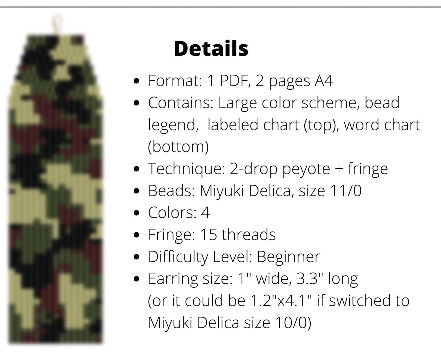 Camouflage Brick Stitch pattern for fringe beaded earrings - NikoBeadsUA