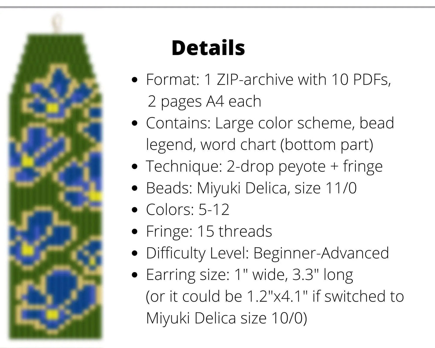 Set of 10 Earrings Brick Stitch patterns for fringe beaded earrings, flowers and butterflies pack for Miyuki Delica - NikoBeadsUA