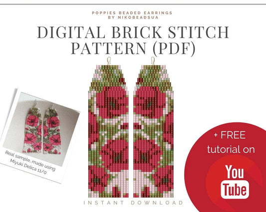 Poppies Brick Stitch pattern for fringe beaded earrings - NikoBeadsUA