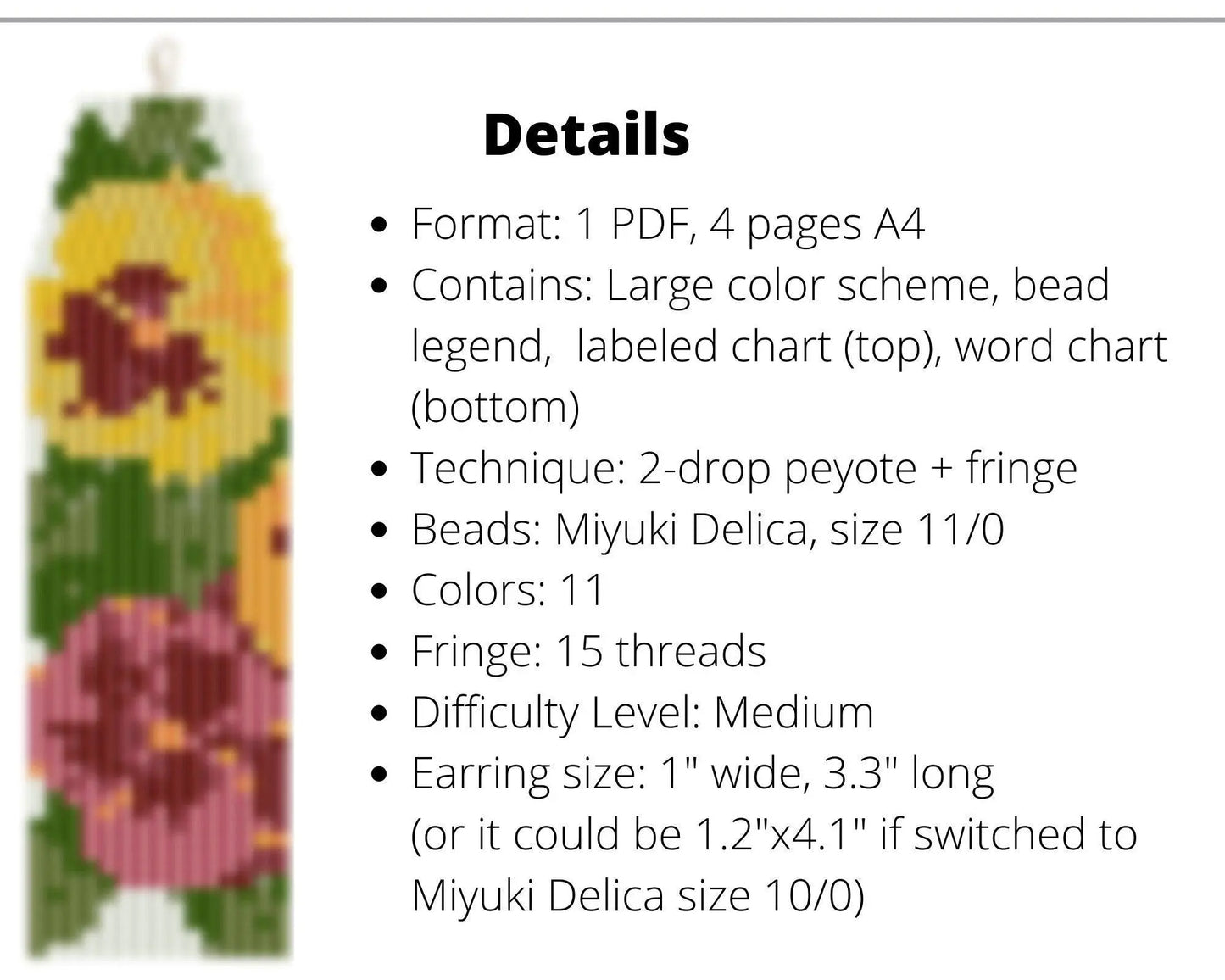 Pansies Brick Stitch pattern for fringe beaded earrings, viola pattern - NikoBeadsUA