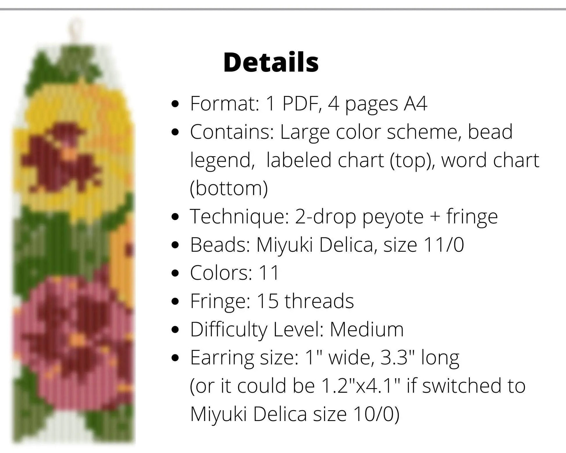 Pansies Brick Stitch pattern for fringe beaded earrings, viola pattern - NikoBeadsUA