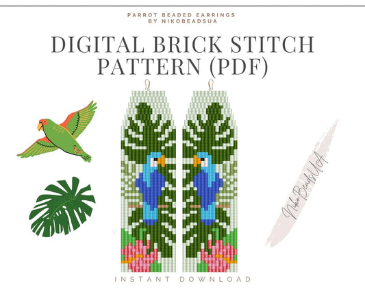 Parrot Brick Stitch pattern for fringe beaded earrings - NikoBeadsUA