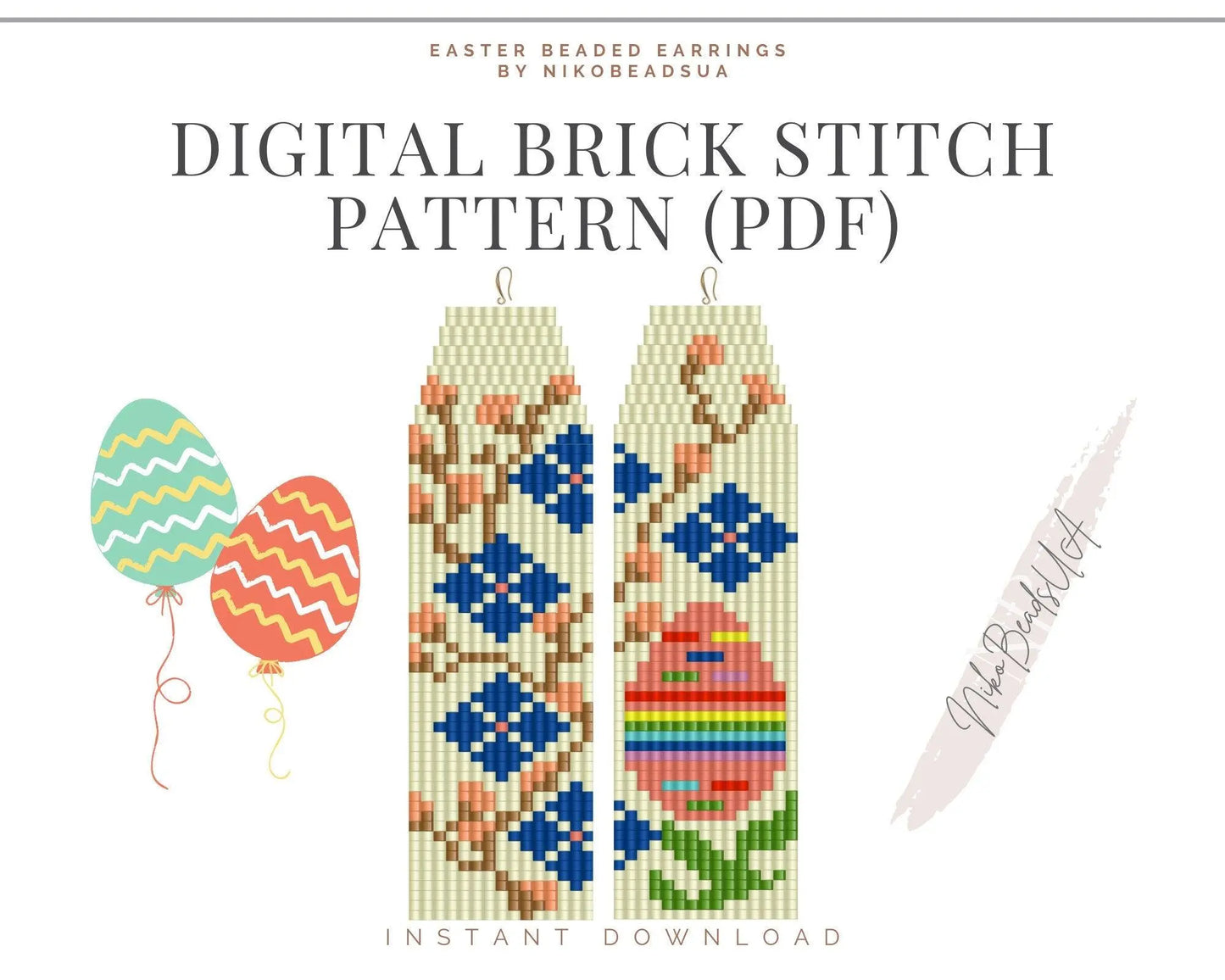 Easter Brick Stitch pattern for fringe beaded earrings, willow pattern - NikoBeadsUA