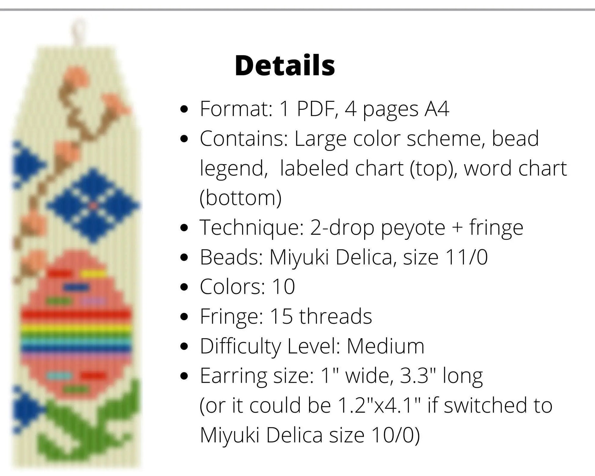 Easter Brick Stitch pattern for fringe beaded earrings, willow pattern - NikoBeadsUA