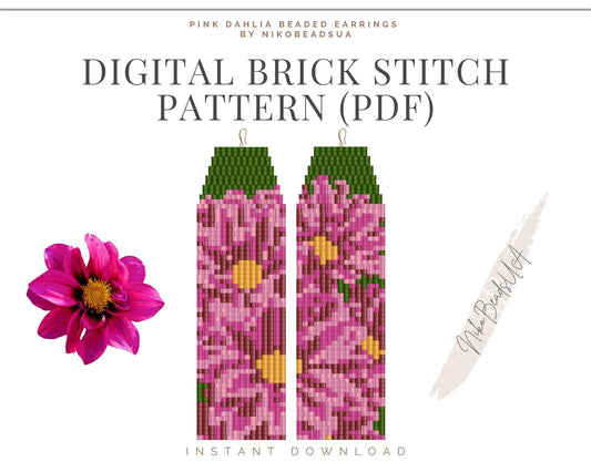 Pink Dahlia Brick Stitch pattern for fringe beaded earrings - NikoBeadsUA