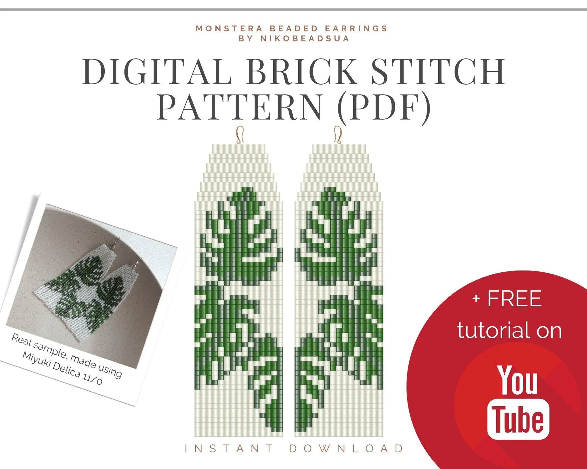 Monstera Leaf Brick Stitch pattern for fringe beaded earrings - NikoBeadsUA