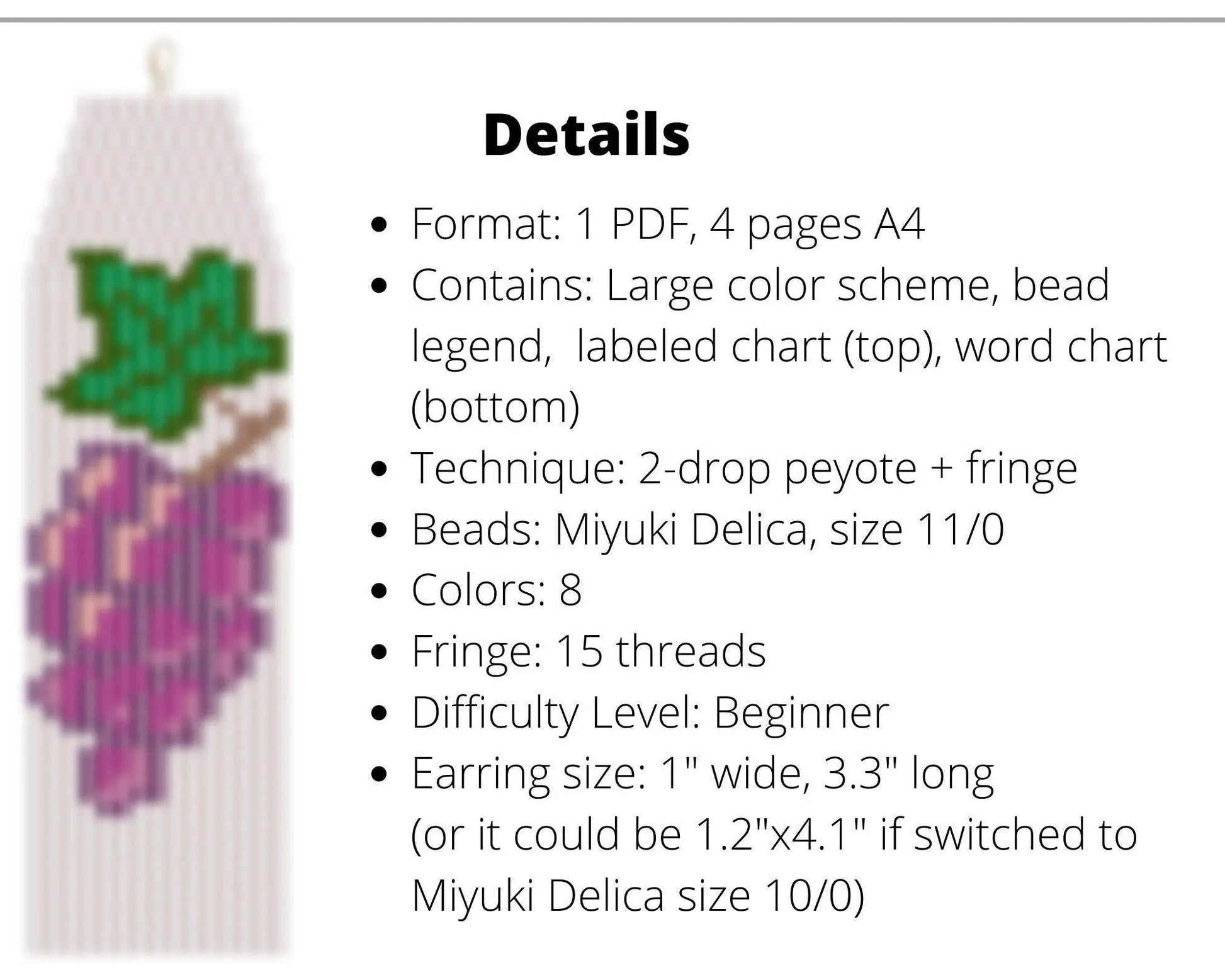 Grapes Brick Stitch pattern for fringe beaded earrings - NikoBeadsUA