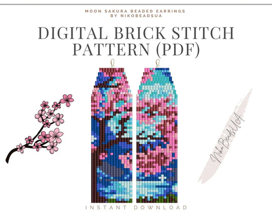 Sakura Brick Stitch beaded fringe earrings pattern - NikoBeadsUA