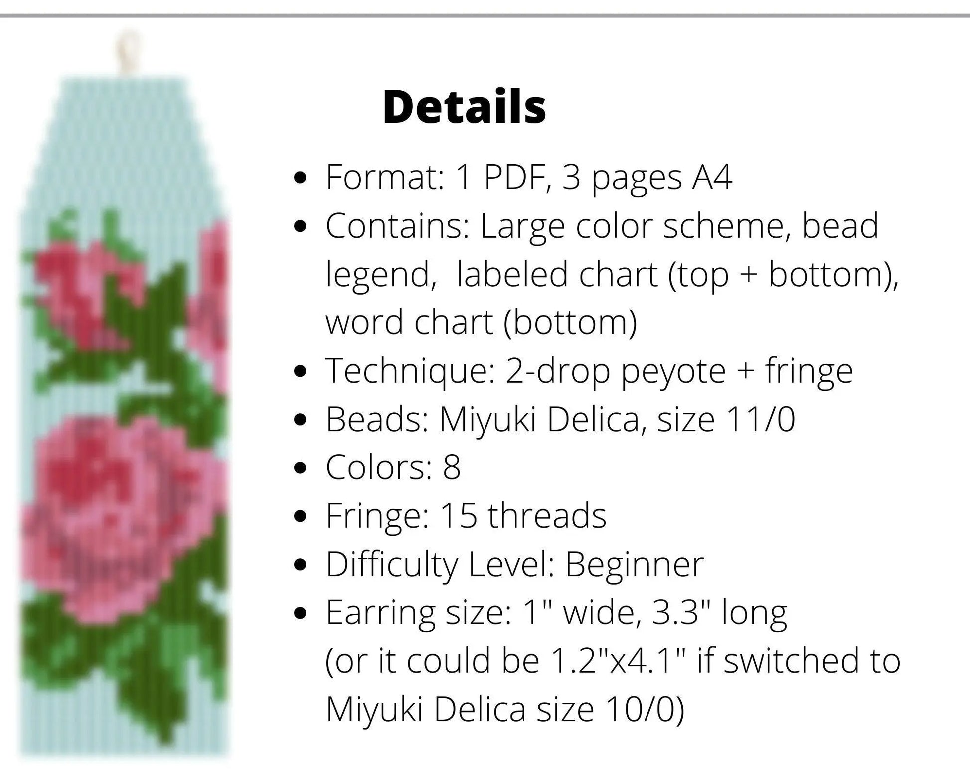 Rose Brick Stitch pattern for fringe beaded earrings - NikoBeadsUA