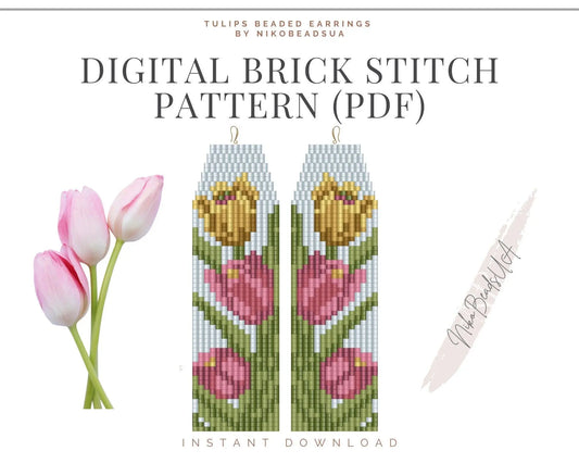 Tulips Brick Stitch pattern for fringe beaded earrings - NikoBeadsUA