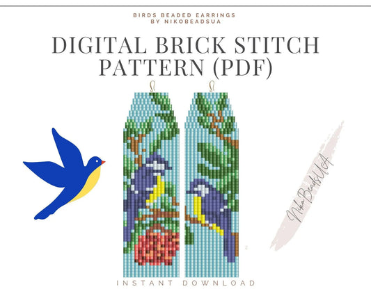 Ukrainian Birds Brick Stitch pattern for fringe beaded earrings - NikoBeadsUA