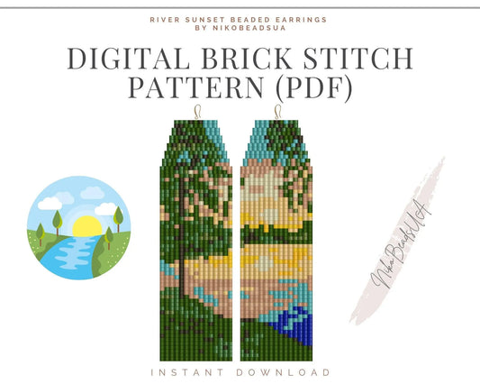 River Sunset Brick Stitch pattern for fringe beaded earrings - NikoBeadsUA
