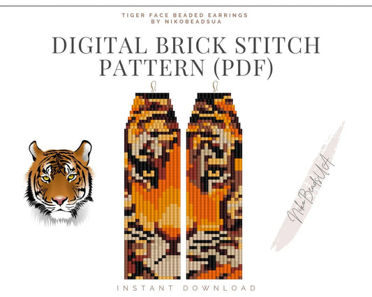 Tiger Face Brick Stitch pattern for fringe beaded earrings - NikoBeadsUA