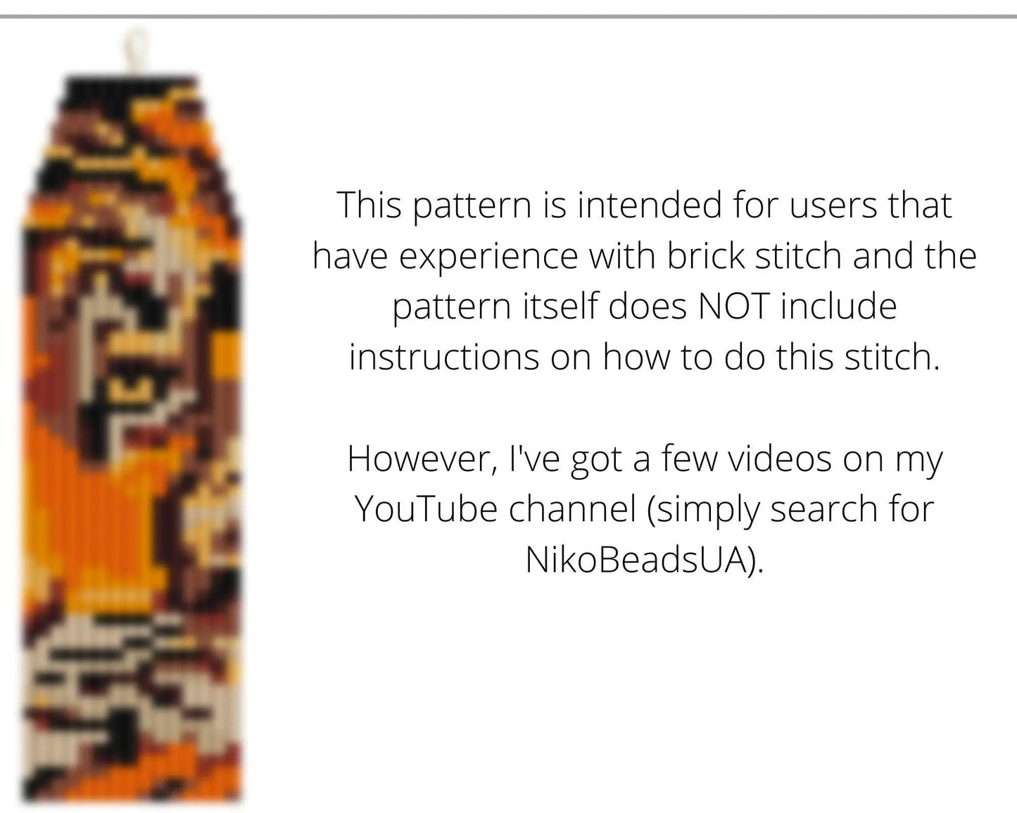 Tiger Face Brick Stitch pattern for fringe beaded earrings - NikoBeadsUA