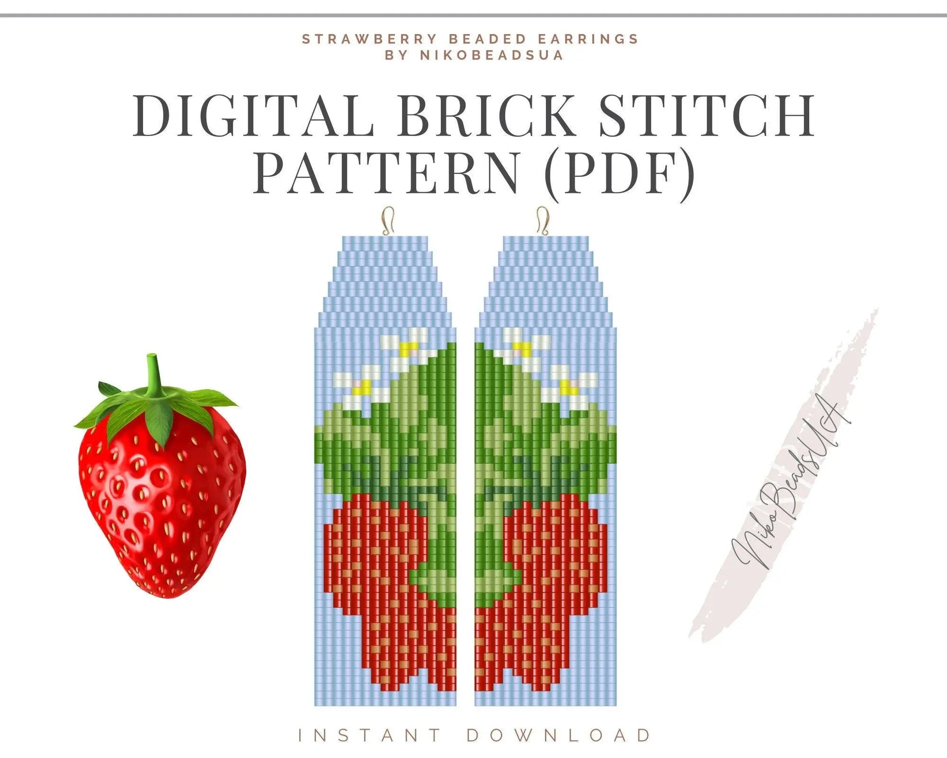 Strawberry Brick Stitch pattern for fringe beaded earrings - NikoBeadsUA