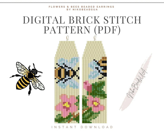 Flowers & Bees Brick Stitch pattern for fringe beaded earrings - NikoBeadsUA